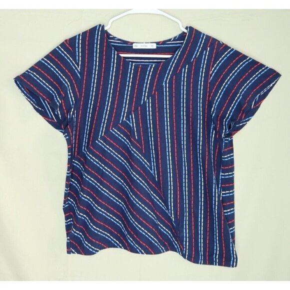 ACOS&A Short Sleeve Blouse Navy Red Striped Geometric Stitch Fix Women's Large - Picture 1 of 8